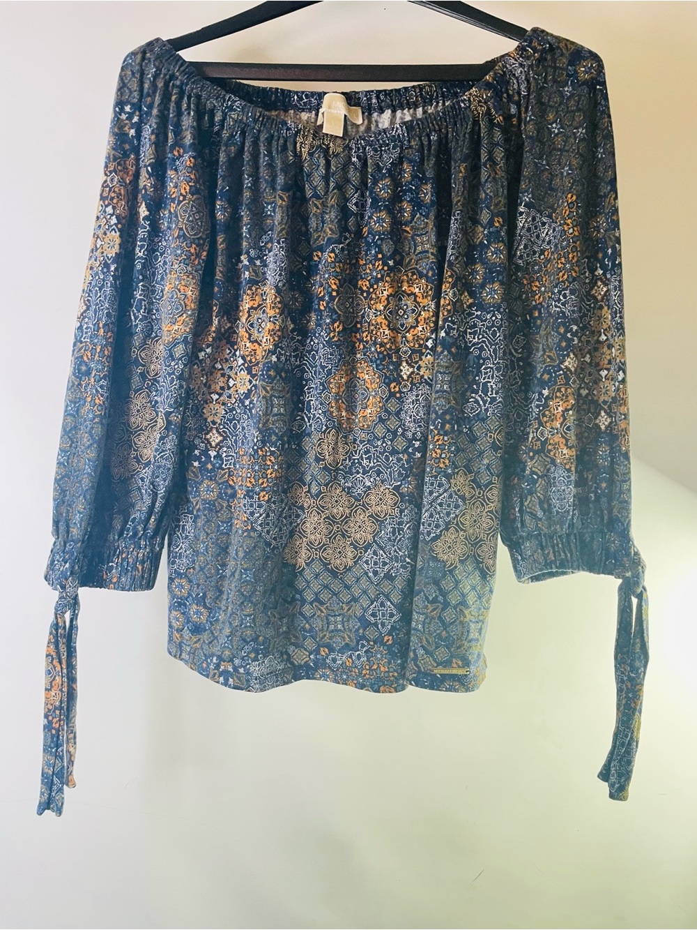 MICHAEL Michael Kors Navy and Gold Off-Shoulder Peasant Blouse